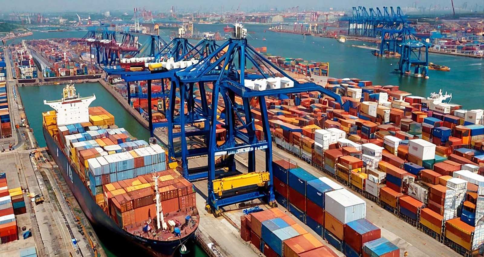 Container ships docked at port